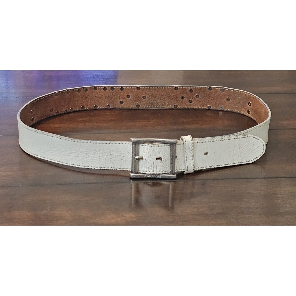 Rock Revival Belt Men 44 White Distressed Leather Fleur de Lis Silver Buckle Y2K - Picture 2 of 4